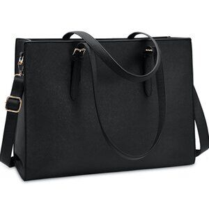 Black Leather Laptop Bag Purse Waterproof Tote Business Professional Travel